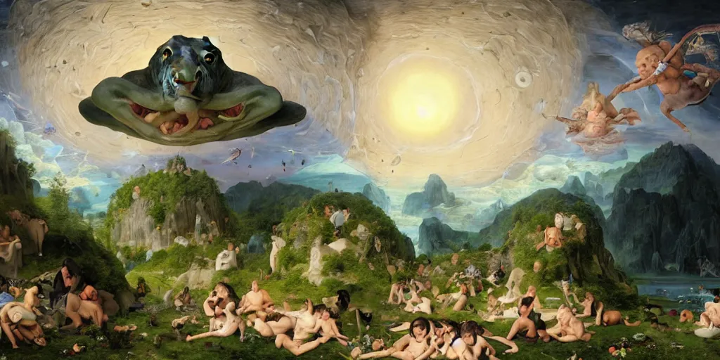 Image similar to The Great Turtle Island at the center of the Universe holding up the sky, Encircled by Mystical Interstellar Nether Worlds, Magic Fairyland, Going to the Sun Highway Glacier Park, Michael Cheval, Hieronymus Bosch, François Boucher, William-Adolphe Bouguereau, Oil Painting, unreal 5, DAZ, hyperrealistic, octane render, Regal, Refined, Detailed Digital Art, RPG portrait, Anton Fadeev, Walt Disney (1937), Steampunk, Volumetric Golden dappled dynamic lighting, Highly Detailed, Cinematic Lighting, Unreal Engine, 8k, HD