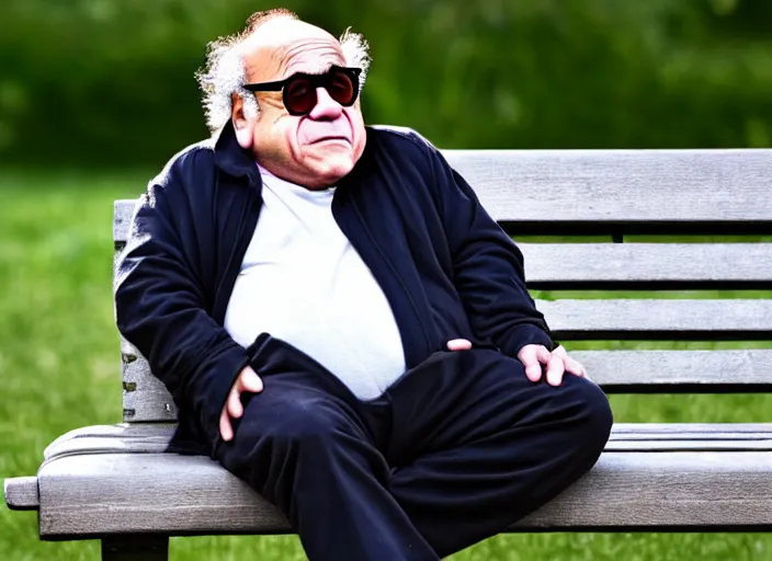 Prompt: photo of sad danny devito sitting on a park bench crying, 8 k, sunny day