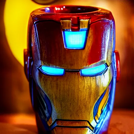 Image similar to a closeup photorealistic photograph of an iron man style tiki mug at a trader vic's beach bar featuring the face of iron man. tiki party. bright scene. fine detail. this 4 k hd image is trending on artstation, featured on behance, well - rendered, extra crisp, features intricate detail, epic composition and the style of unreal engine.