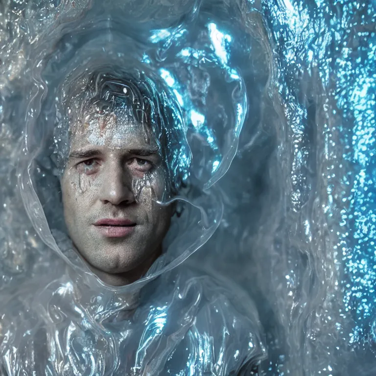 Image similar to octane render portrait by wayne barlow and carlo crivelli and glenn fabry, a man wearing a clear plastic suit filled with glowing colorful slime, inside a wet rocky cavern, cinema 4 d, ray traced lighting, very short depth of field, bokeh