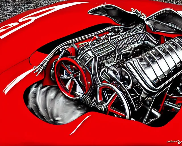 Prompt: Ferrari hotrod car with an open V12 engine, highly detailed, intricate, sharp focus, automotive magazine art