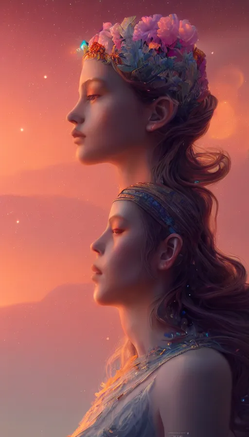 Image similar to a beautiful goddesses, profile, full body, universe in the background, dream, highly detailed, digital painting, refreshing, trending on artstation, octane render, illustration by james jean