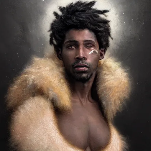 Image similar to portrait painting of a beautiful black man with cut scars and cropped hair wearing a tattered fur coat, ultra realistic, concept art, intricate details, eerie, highly detailed, photorealistic, octane render, 8 k, unreal engine. art by artgerm and greg rutkowski and charlie bowater and magali villeneuve and alphonse mucha