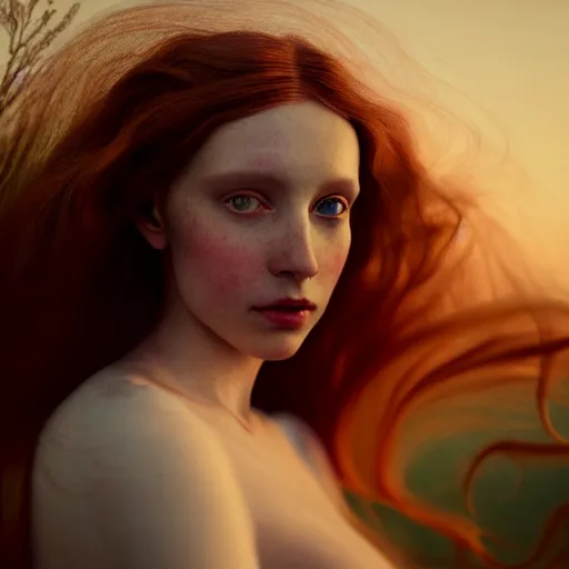 Image similar to photographic portrait of a stunningly beautiful english renaissance female in soft dreamy light at sunset, beside the sea, art nouveau, soft focus, contemporary fashion shoot, in a denis villeneuve and tim burton movie, by edward robert hughes, annie leibovitz and steve mccurry, david lazar, jimmy nelsson, extremely detailed, breathtaking, hyperrealistic, perfect face, octane render