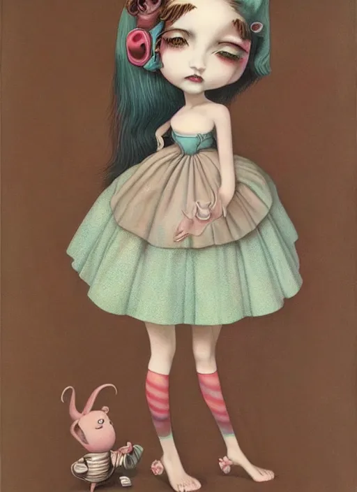 Image similar to pop surrealism, lowbrow art, realistic cute alice girl painting, japanese street fashion, hyper realism, muted colors, mark ryden, trevor brown style