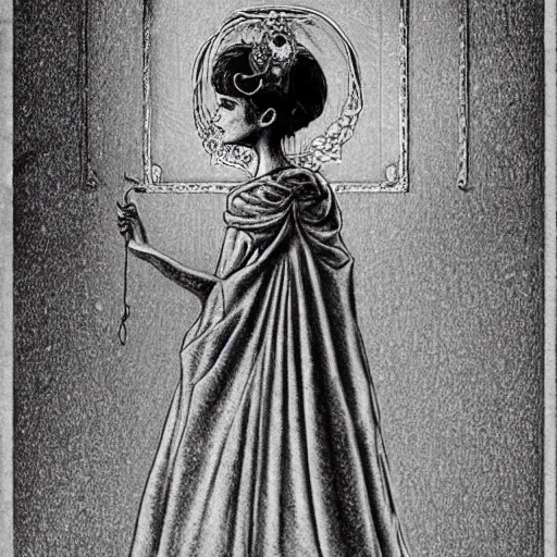 Prompt: 'A vintage photo, victoriana, bw, creepy, atmospheric 'The golden face of sadness' description 'Hermetic Order of the occult princess' portrait, character design, worn, dark, manga style, extremely high detail, photo realistic, pen and ink, intricate line drawings, by MC Escher,  Junji Ito, Yoshitaka Amano, Ruan Jia, Kentaro Miura,