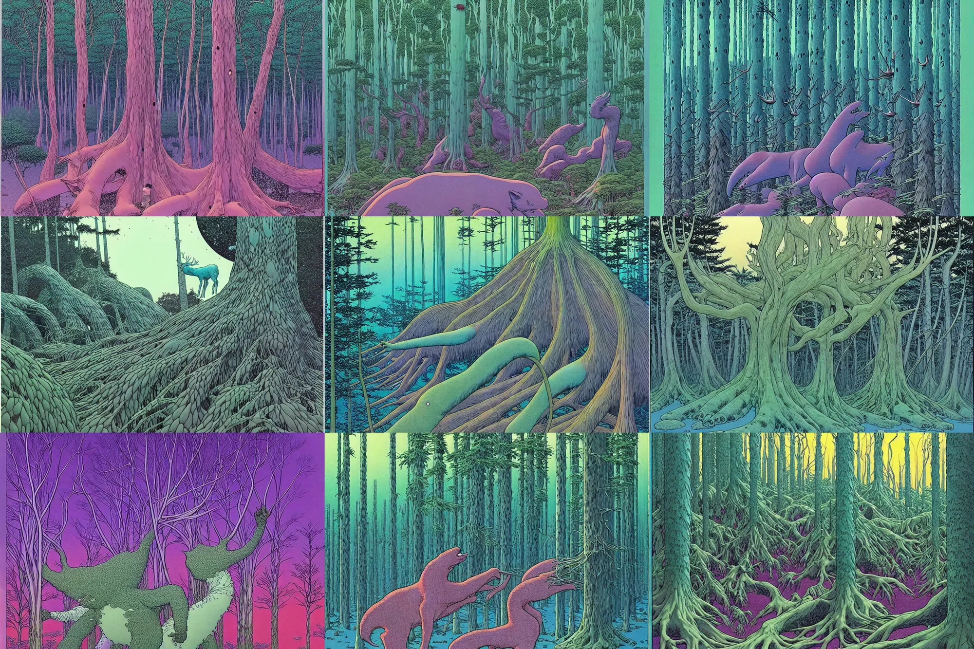 Prompt: ( ( ( ( ( strange forests and animals cover art. ) ) ) ) ) by mœbius!!!!!!!!!!!!!!!!!!!!!!!!!!!