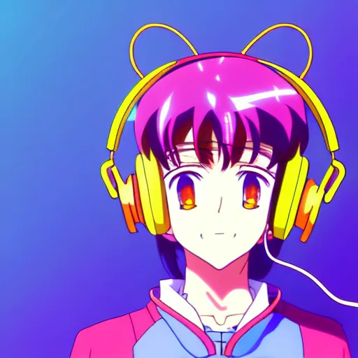 Image similar to An anime character's head wearing retro headphones. 90s anime, Sailor Moon, Neon Genesis, official art, flat cell shading, fantastic screenshot art, trending on artstation, muted nostalgic colors