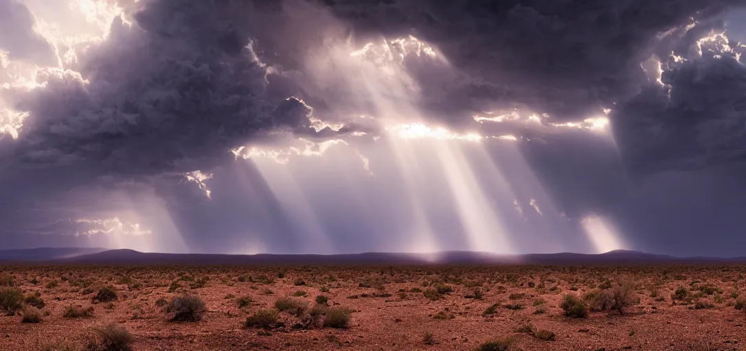 Prompt: a beautiful picture of a dark turbulent cloud looming on the horizon in a desert with god rays breaking through the cloud, intricate detail, impending doom, sunset, serene, haze, volumetric lighting, volumetric clouds, 8 k, hyperrealistic, digital art trending on artstation