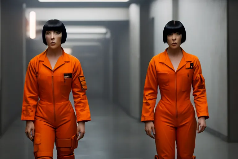 Image similar to major motoko wearing an orange prison jumpsuit, photography by fred palacio medium full shot still from bladerunner 2 0 4 9, sci fi, bladerunner, canon eos r 3, f / 3, iso 2 0 0, 1 / 1 6 0 s, 8 k, raw, unedited