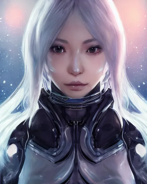 Image similar to detailed portrait of perfect android girl, warframe armor, beautiful face, scifi, futuristic, space station, laboratory, song hye - kyo, dreamy, long white hair, blue cyborg eyes, cinematic lighting, innocent, highly detailed, sharp focus, smooth, artstation, intricate, award winning, pure aura, divine, by akihiko yoshida