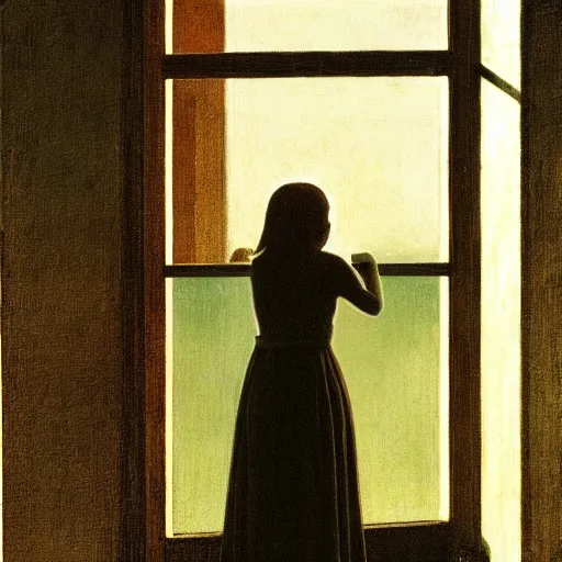 Image similar to Liminal interior seen through an exterior bloody window with a girl clawing at the window, in the style of Edward Hooper and Vilhelm Hammershøi and Albert Bierstadt