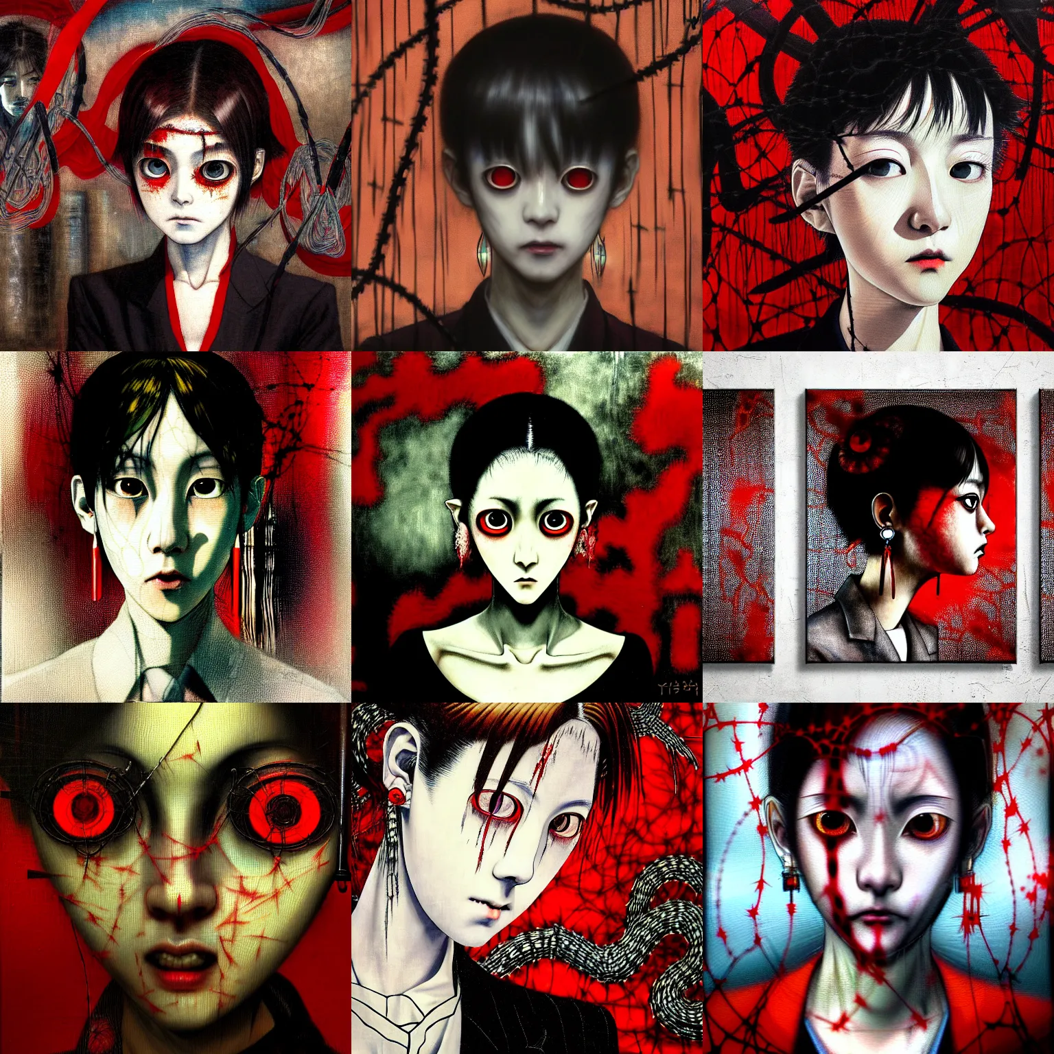 Prompt: yoshitaka amano blurred and dreamy realistic three quarter angle horror portrait of a sinister young woman with short hair, big earrings, barbed wire and red eyes wearing office suit with tie, junji ito abstract patterns in the background, satoshi kon anime, noisy film grain effect, highly detailed, renaissance oil painting, weird portrait angle, blurred lost edges