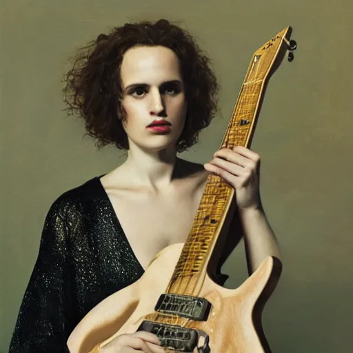 Image similar to Anna Calvi playing electric guitar, oil painting by Monia Merlo