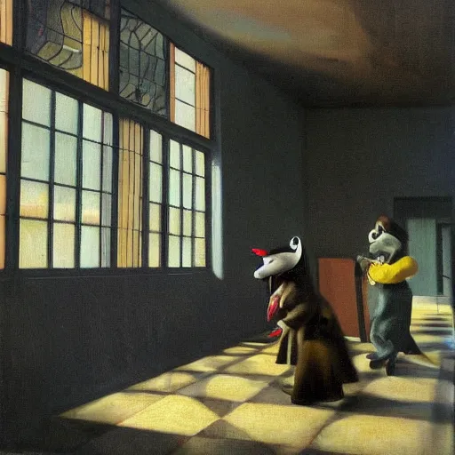 Image similar to realistic painting of chuck e. cheese building interior, in the style of johannes vermeer