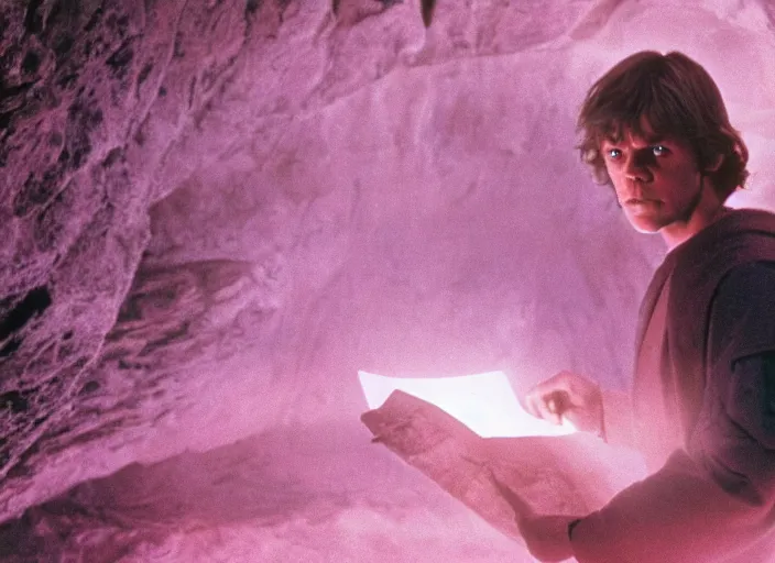 Image similar to detailed photo of Luke skywalker uncovering the secrets of the ancient jedi texts. a dark pink hazy ethereal cave from Indiana jones, screenshot from the 1983 film, Photographed with Leica Summilux-M 24 mm lens, ISO 100, f/8, Portra 400