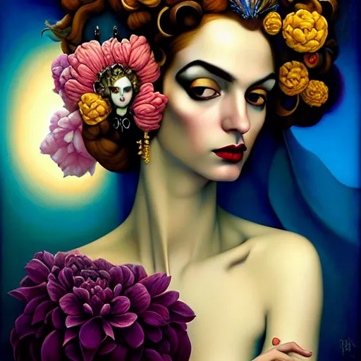 Image similar to dynamic composition, a painting of a woman with hair of flowers and raven plummage wearing ornate earrings, a surrealist painting by tom bagshaw and jacek yerga and tamara de lempicka and jesse king, featured on cgsociety, pop surrealism, surrealist, dramatic lighting, wiccan, pre - raphaelite, ornate gilded details