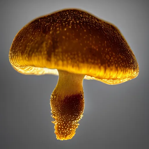 Prompt: golden teacher mushroom in backlighting to dropping spores, unreal engine, closeup