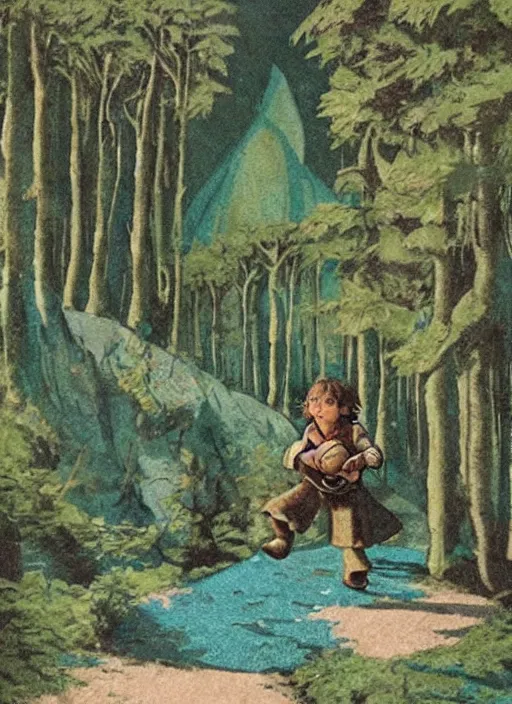 Image similar to a hobbit wearing hiking boots and teal gloves playing basketball in a forest, by bonestell chesley