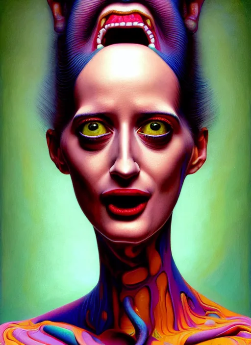 Image similar to hyper detailed 3d render like an Oil painting - Portrait of eva green tongue in cheek by Jacek Yerka, Mariusz Lewandowski, Houdini algorithmic generative render, Abstract brush strokes, Masterpiece, Edward Hopper and James Gilleard, Zdzislaw Beksinski, Mark Ryden, Wolfgang Lettl, hints of Yayoi Kasuma, octane render, 8k