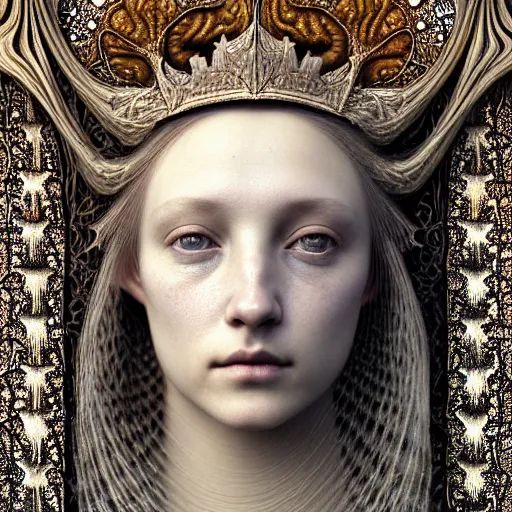 Image similar to detailed realistic beautiful young medieval queen face portrait by jean delville, gustave dore, iris van herpen and marco mazzoni, art forms of nature by ernst haeckel, art nouveau, symbolist, visionary, gothic, pre - raphaelite, fractal lace, surreality, horizontal symmetry, intricate hyper detailed ultra sharp octane render