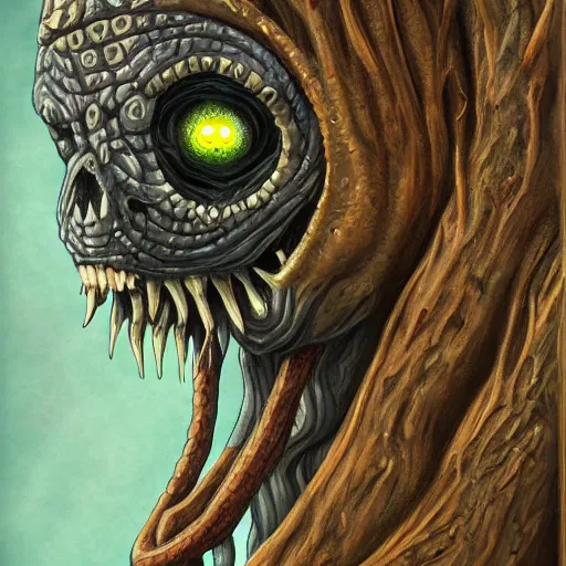 Prompt: a detailed painting of a tree disguised as a human with lots of snake eyes and sharp teeth and a long tongue screaming in the style of dark fantasy, hypnotic, dmt, artstation, ornate, 8k, deep focus,