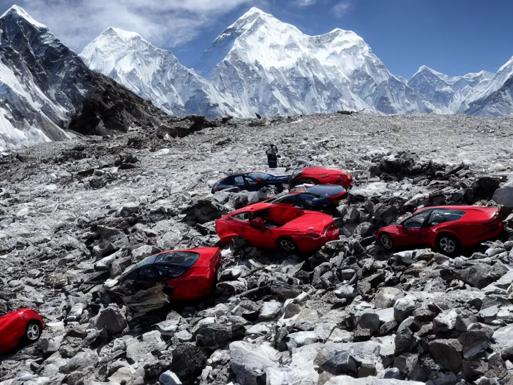 Prompt: mount everest with crashed ferraris, 3 model l