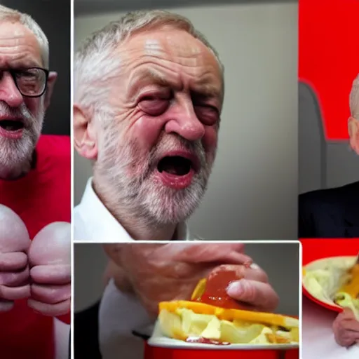 Image similar to jeremy corbyn with a crazed look on his face with one hand filled with ketchup and one hand filled with cheese