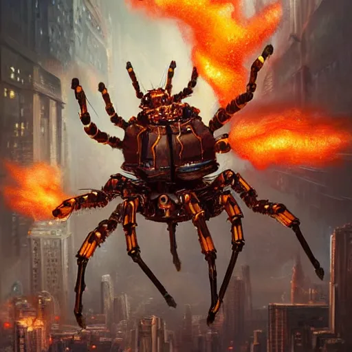 Image similar to beautiful oil painting with high detail of a mechanical spider attacking city and art direction by James Cameron ;by artgerm; wayne reynolds art station; cinematic quality character action render; ultra high quality model; production quality cinema model; flaming plasma aesthetic