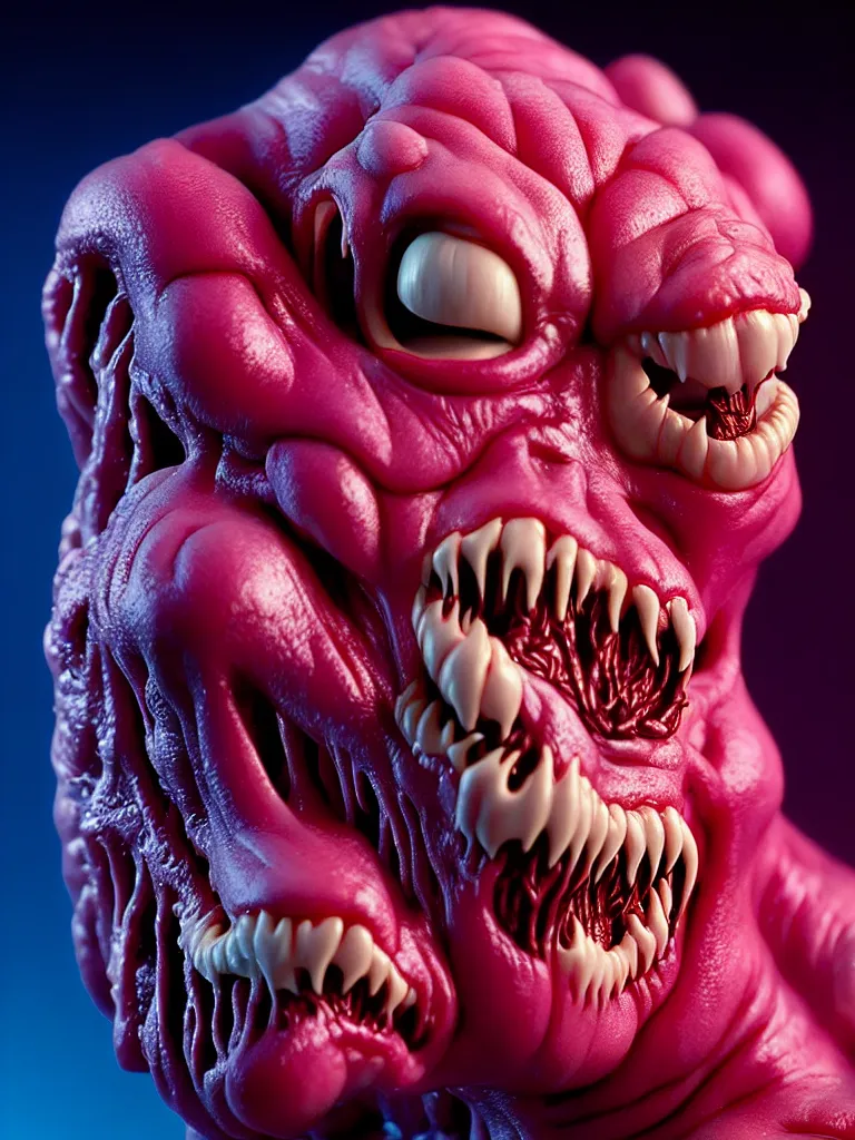 Image similar to hyperrealistic rendering, fat smooth john carpenter flesh monster natalie portman by bernie wrightson and killian eng and joe fenton, product photography, action figure, sofubi, studio lighting, colored gels, colored background