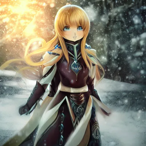 Prompt: portrait focus of knight beautiful 3D anime girl, chamallow armor wearing, dark forest background, snowing, bokeh, inspired by Masami Kurumada, digital painting, high contrast, unreal engine render, volumetric lighting, high détail