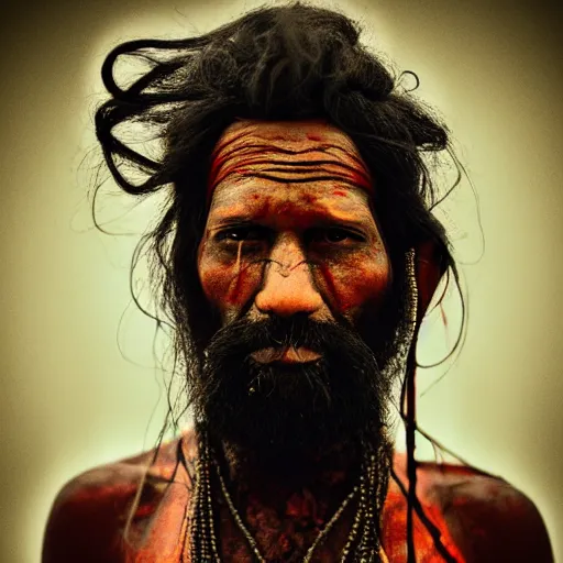 Prompt: realistic exposed expired fuji film portrait of aghori sadhu, hyperrealism, hypermaxiymalism, photorealistic, detailed, atmospheric, 8 k, award winning photography, cinematic