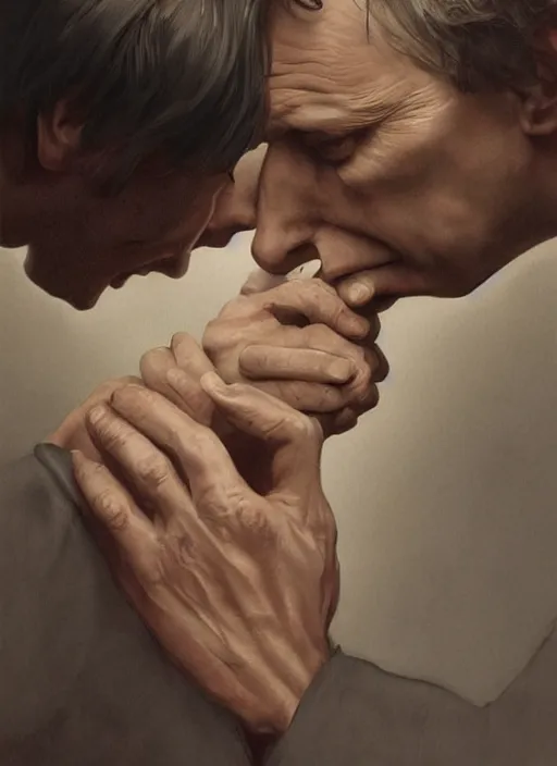 Image similar to close up portrait of Mads Mikkelsen!!! and Hugh Dancy!!! holding hands romantically as they chaperone school dance by ((Zdzislaw Beksinski)), Michael Whelan, Bob Larkin and Tomer Hanuka, simple illustration, domestic, nostalgic, clean, Matte painting, trending on artstation and unreal engine, New Yorker magazine cover