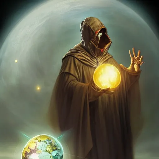 Image similar to creator of worlds wearing a cloak, masked, and holding a holographic planet projection in his hand, detailed, sci - fi, digital painting, artstation, sharp focus, illustration, ominous, artgerm, tomasz alen kopera, peter mohrbacher, donato giancola, joseph christian leyendecker, wlop, frank frazetta