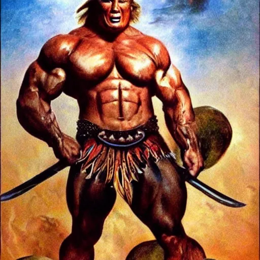 Prompt: extremely muscular Donald Trump looking like Conan the barbarian, fantasy, movie poster, by Frank Frazetta