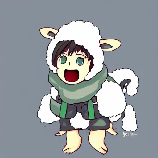 Image similar to little boy wearing sheep suit. white, gray, blue, green and brown pallet color. made in abyss art style, inspired in kris from deltarrune, cute detailed artwork, anatomically correct