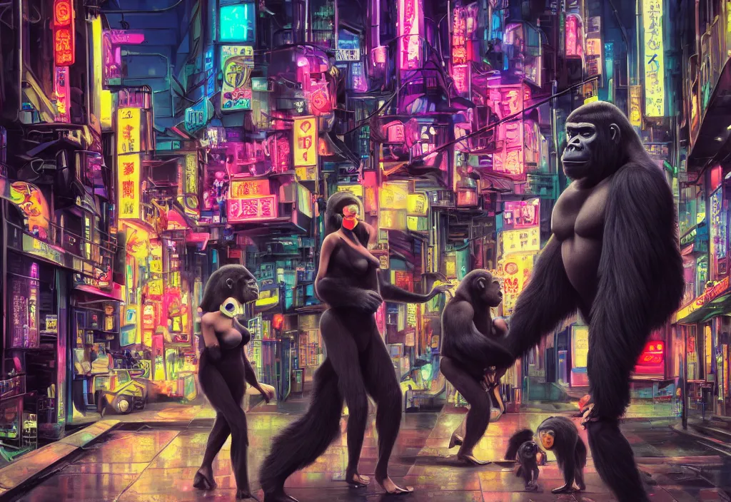Prompt: a beautiful woman taking a gorilla for a walk in a cyber punk tokyo street, futuristic, realism, wide shot, busy street, dramatic lighting, neon signs, digital art, 8k resolution, high detail, by Boris Vallejo