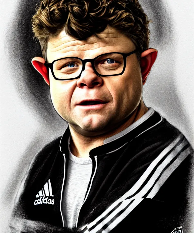 Prompt: a detailed fifty mm portrait of sean astin as a hobbit in a black adidas track suit with white stripes, headshot, highly detailed, digital painting, artstation, concept art, sharp focus, cinematic lighting, illustration, art by met mangindaan, artgerm and greg rutkowski, alphonse mucha, cgsociety