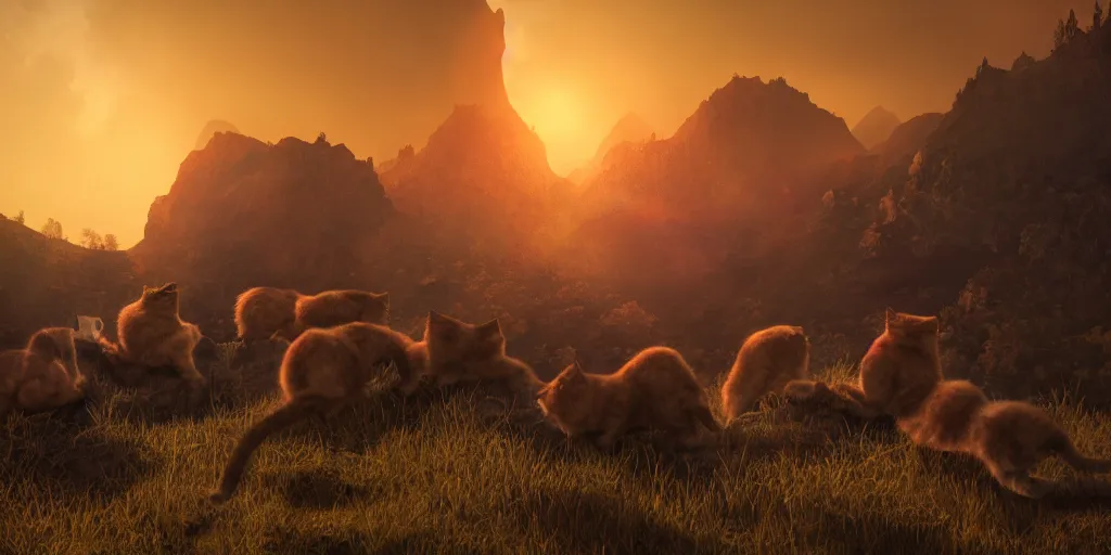 Image similar to troops of cats over the mountains in the sunset, superwide angle, redscale photography, light through the mist, dramatic lighting, photorealistic, cinematic lighting, high detail, cinematic feel, high octane, 4K, Unreal Engine, digital render, intricate, ultra realistic, concept art