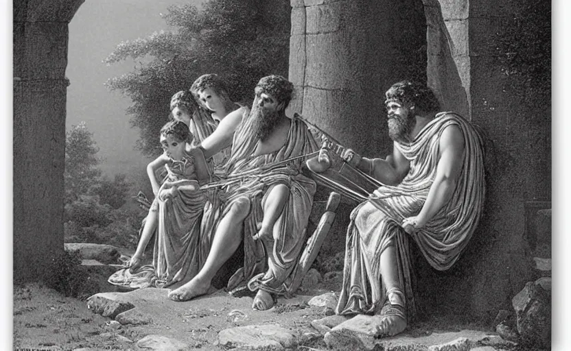 Image similar to the great greek warrior plays the lyre, his young friend listens beside him, the edge of the universe from the book of the long sun by gene wolfe, by gustave dore