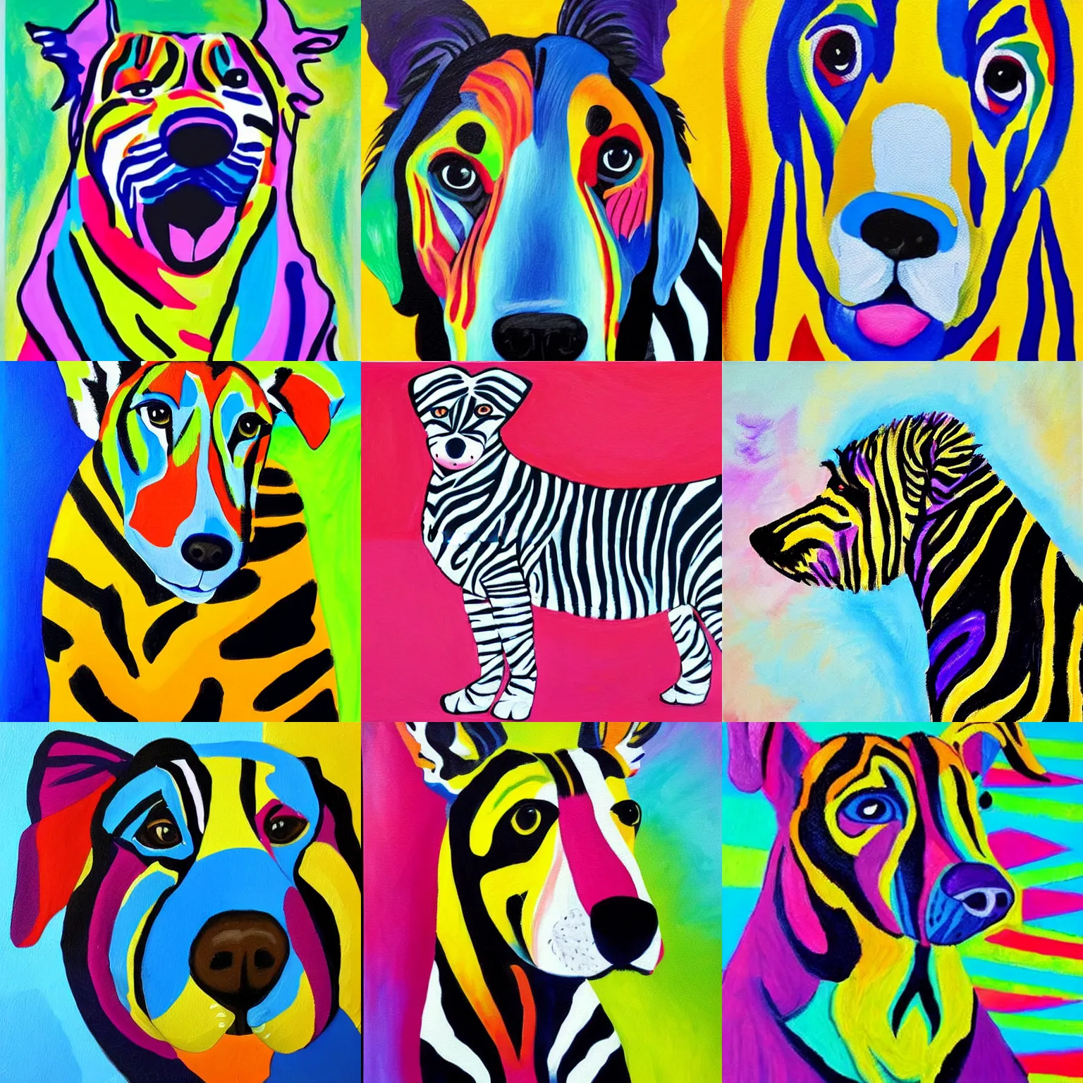 Prompt: A bright, vibrant, dynamic, spirited, vivid painting of a dog with zebra stripes.