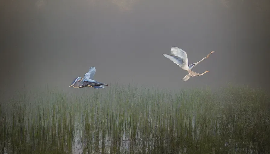 Image similar to a fairy riding a great blue heron over a misty lake, ambient lighting, light bloom, in the style of Edward Robert Hughes and Over the Garden Wall