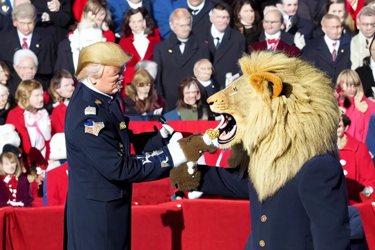 Image similar to photo of the usa presidential inauguration, a lion fursuiter being inaugurated as president