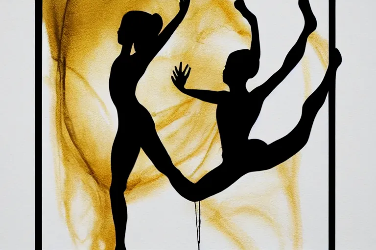 Prompt: beautiful serene gymnastics, healing through motion, life, minimalistic golden and ink airbrush painting on white background, pristine dream