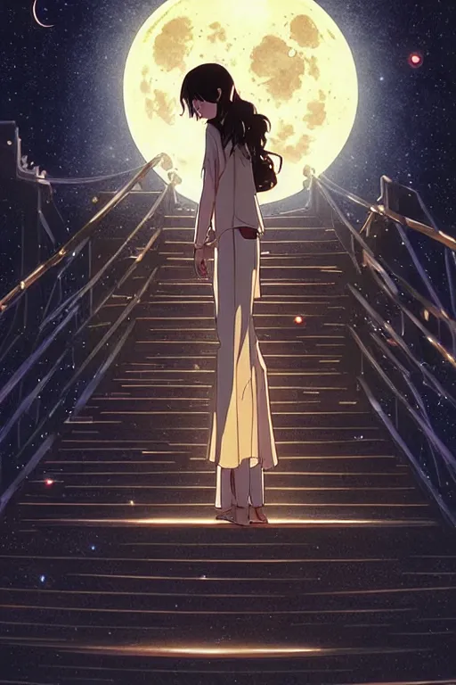 Image similar to a full moon containing the glimmering stairways to otherworldly galaxies, high intricate details, rule of thirds, golden ratio, cinematic light, anime style, graphic novel by fiona staples and dustin nguyen, by beaststars and orange, peter elson, alan bean, studio ghibli, makoto shinkai