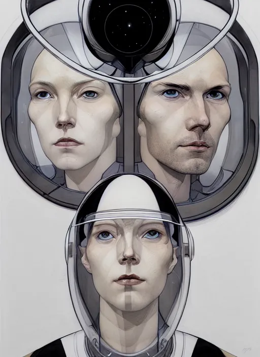 Image similar to artwork by james jean and Phil noto; a close up on the face of a beautiful man and woman in a future space suit; wearing futuristic astronaut helmet; highly detailed; pretty eyes; circular black pupils; artwork by james jean and Phil noto