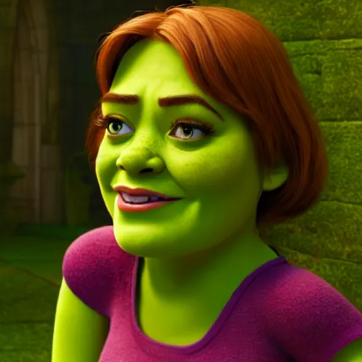 Image similar to Emma Stone as a female Shrek, Shrek features, fully detailed, high quality , 4k , octane render , soft lightening , masterpiece