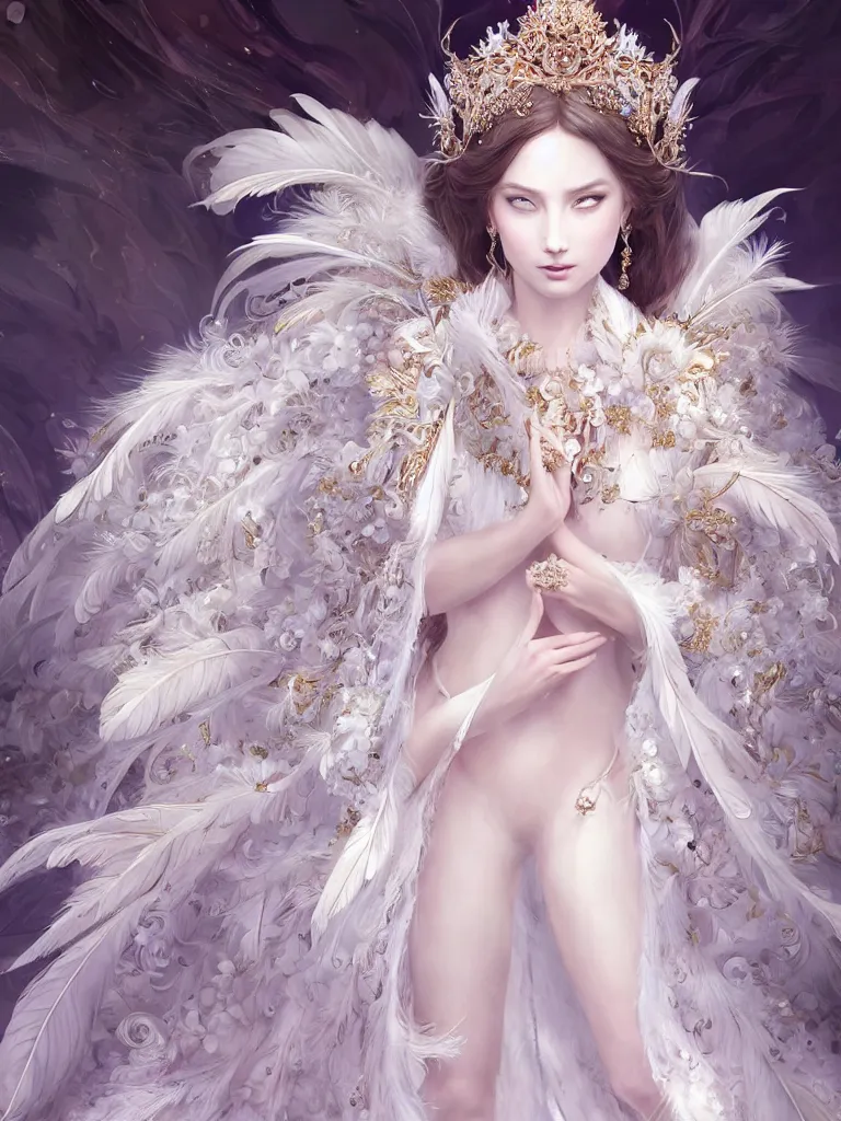 Prompt: ((A beautiful fantasy empress)), highly detailed full body, beautiful eyes, detailed intricate white flower tiara, feathers, ((wearing aristocrat robe)), ((silk)), highly detailed figure, fractal crystal, epic composition, ultra wide-shot, dynamic pose, concept art, beautifully lit, digital painting, smooth, desaturated color theme, character design, sharp focus, elegant, intricate, post processing, artstation, by WLOP, James Jean, Victo Ngai, ryohei hase