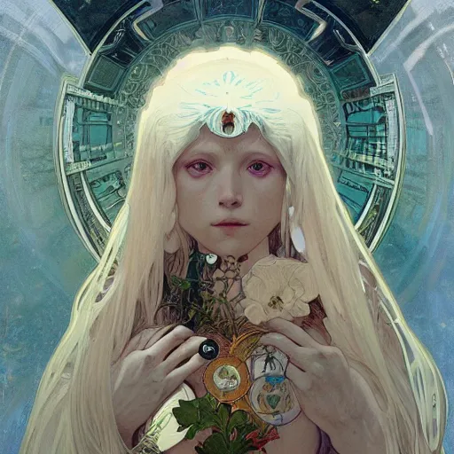 Image similar to portrait of small, rubbery, huge-eyed, big-lipped albino mutant priestess with elaborate white hair by Alphonse Mucha, Greg Rutkowski, Anato Finnstark, and Studio Ghibli