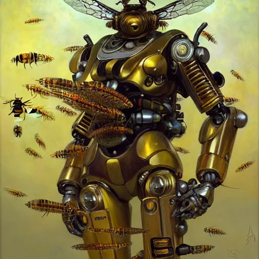 Image similar to highly detailed robot in the form of a bee, art by donato giancola, eugene delacroix, ruan jia, carl larsson, peter mohrbacher. trending on artstation, intricate details, energetic composition,, concept art, illustration, elegant art, global illuminaition
